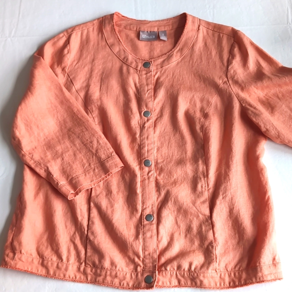 Chicos 100% Linen Lightweight Jacket Coral Color 3/4 Sleeve Women's Size 3 / XL